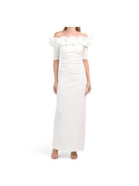 Xscape White Off-the-Shoulder Ruffle Column Gown